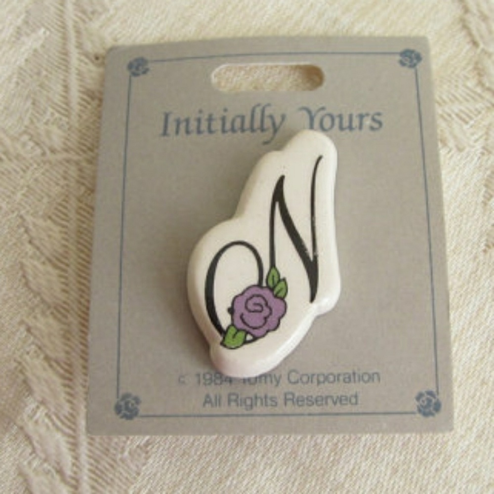 Cute Vintage Initial N Brooch w Purple Rose Letter Pin 1980s Era